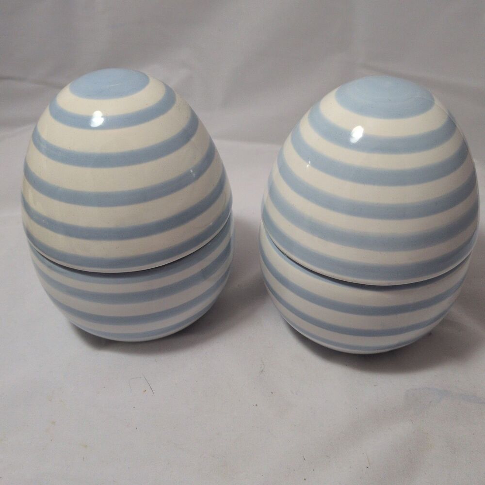 Honeybloom At Home Ceramic Striped Egg Jar Set of 2 Homespun Easter Blue White